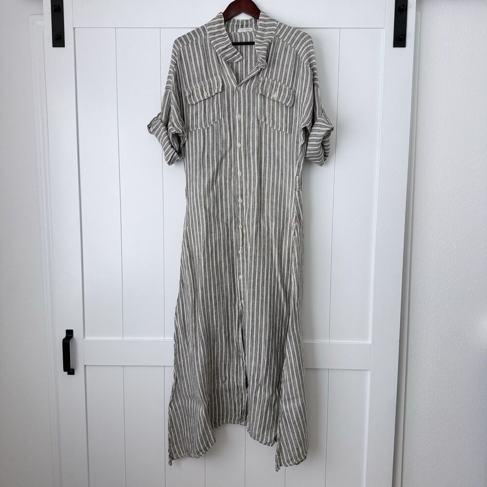 CP Shades Free People Linen Maxi Dress M Striped Shirt Dress Lagenlook Cottage